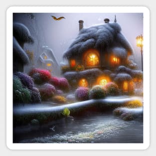 Magical Fantasy House with Lights in a Snowy Scene, Fantasy Cottagecore artwork Magnet